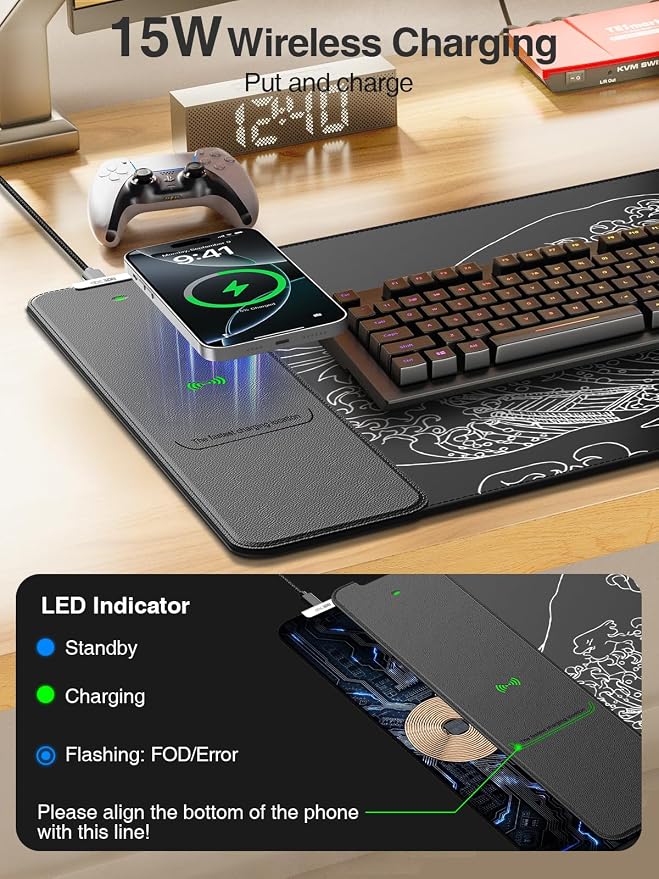 Wireless Charging Mouse Pad, 31.5"x15.8" Large Desk Mat, Smooth Glide | Waterproof Mousepad, Stitched Edge, Non-Slip Rubber Base, Desk Pad Computer Keyboard Mat, No Adapter