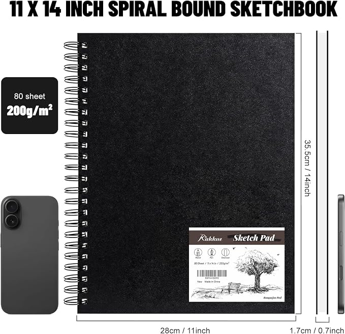 KAKKUE 11" x 14" 200 GSM Premium Mixed Media Sketchbook, 80 Sheets (160 Pages), Hardcover Spiral Bound Drawing Pad, Acid-Free Thick Artist Paper for Watercolor, Illustration & Professional Sketching