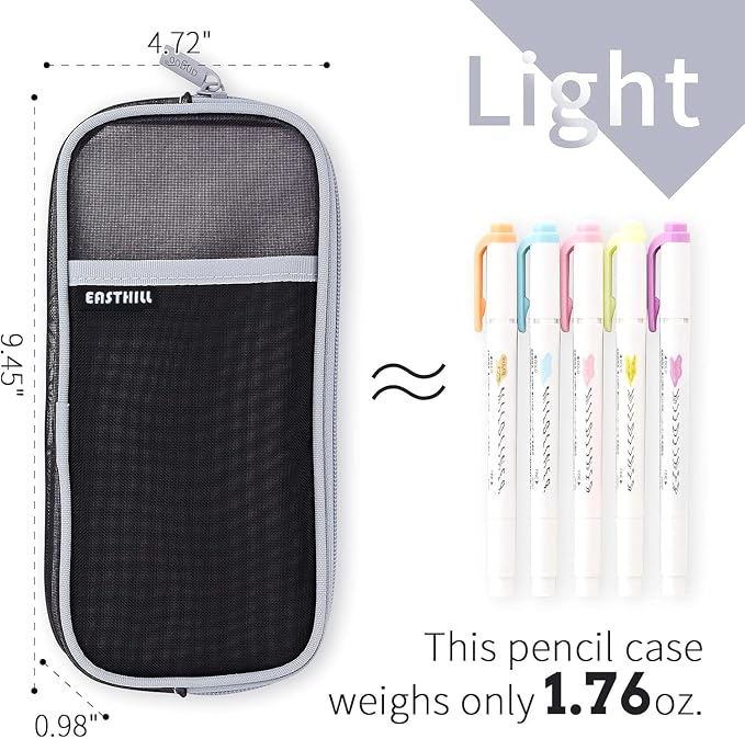 EASTHILL Grid Mesh Pen Pencil Case with Zipper Clear Makeup Color Pouch Cosmetics Bag Multi-Purpose Travel School Teen Girls Transparent Stationary Bag Office Organizer Box for Adluts(Black) Boys