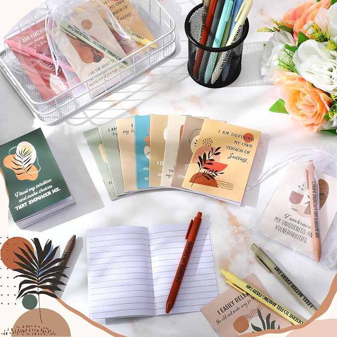 Mooliwe 24 Pcs Positive Affirmation Gift Set Gratitude Notebooks with Pens Small Bags Motivational Encouragement Notepads Daily Affirmations Journal for Women Stress Relief Self Care (Plant)