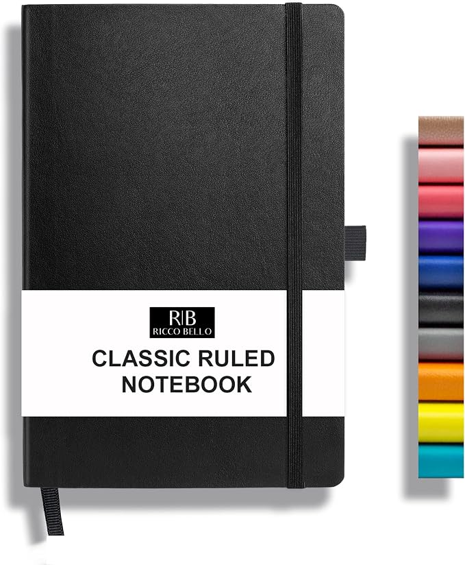 RICCO BELLO Lined Journal Notebook with Pen Holder, Black | Faux Leather Hardcover, College Ruled, 96 Sheets/192 Pages, 5.7 x 8.4 Inches, For Work & Notes