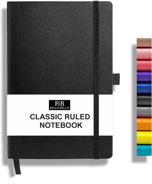 RICCO BELLO Lined Journal Notebook with Pen Holder, Black | Faux Leather Hardcover, College Ruled, 96 Sheets/192 Pages, 5.7 x 8.4 Inches, For Work & Notes