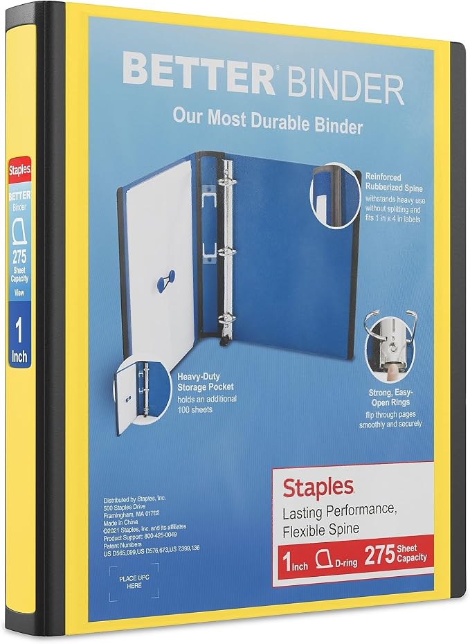 Staples Better Binder, 1" Heavy‑Duty D‑Ring 3‑Ring Binder, Yellow, Reinforced Spine, 275‑Sheet Capacity, Reliable School & Office Binder for Reports & Projects, 3‑Pack