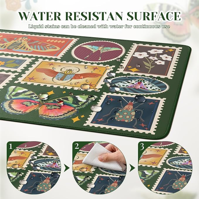 iCasso Vintage Desk Cover Mat, XXL Large Butterfly Mouse Pad,Desk Matt for Desktop Protector, Anti-Slip Mousepad with Stitched Edges for Laptop Computer Keyboard(Olive Green)