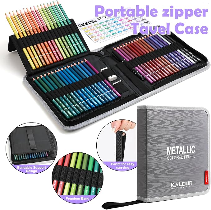 KALOUR PDAS 55 Piece Metallic Colored Pencils for Adults, Premium Artist Colored Pencils, Soft Core Coloring Pencils for Adult Coloring Books, Metallic Pencils Set for Drawing, Sketching, Blending