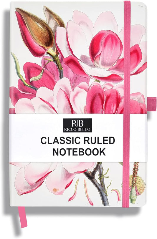 RICCO BELLO Lined Journal Notebook, Pink Magnolia, 5.7 x 8.4-Inches | Hardcover, College Ruled, 96 Sheets / 192 Pages, Pen Holder, For Work & Notes