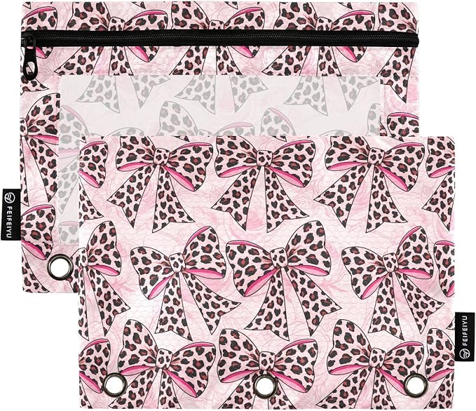ALAZA Pencil Pouch for 3 Ring Binder, Leopard Print Bows Binder Pencil Pouches with Clear Window Zipper Pencil Case Cosmetic Bags for Office College Supplies, 2PCS
