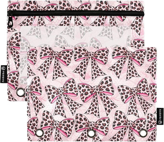 ALAZA Pencil Pouch for 3 Ring Binder, Leopard Print Bows Binder Pencil Pouches with Clear Window Zipper Pencil Case Cosmetic Bags for Office College Supplies, 2PCS