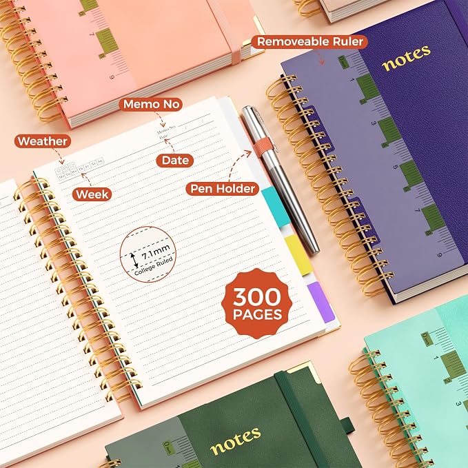 XYark B5 Hardcover Spiral Notebook, 5 Subject Notebook 300 Pages, 8"x10" College Ruled Notebooks with Removable Dividers Tabs & Ruler & Card, Lined Journal for Women Men School Work Office, Light Pink