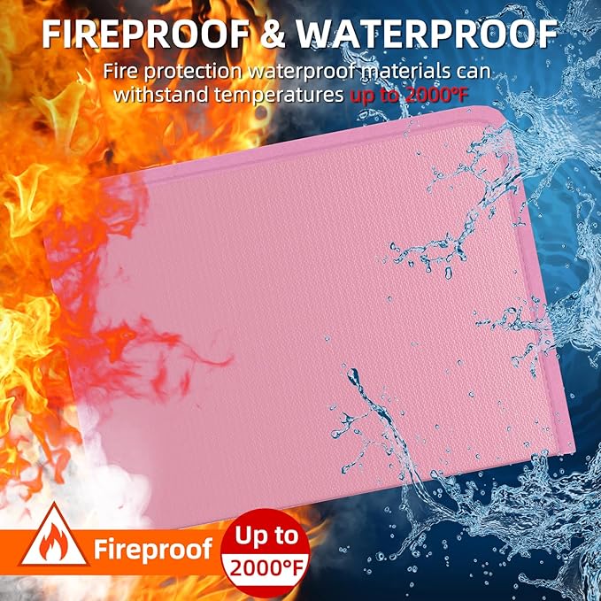 Fireproof Accordion File Organizer, Expanding File Folder with 13 Pockets | Portable Document Organizer with Waterproof Zipper & Labels, File Organizer for Important Document/Paper Storage, Pink