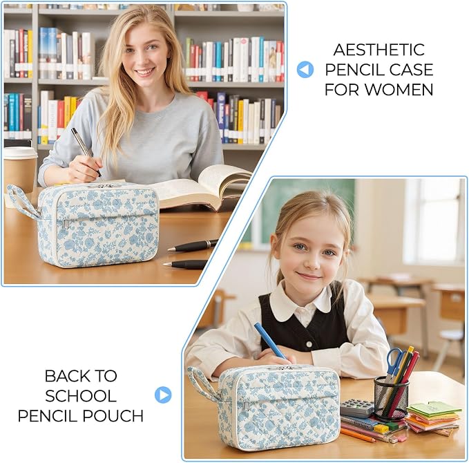 WOBAGMEN Quilted Pencil Pouch for Girls Women, Large Pencil Case Pouch with Compartments Cute Aesthetic Pencil Case Organizer, Floral Pencil Bag for School Supplies (blue floral)
