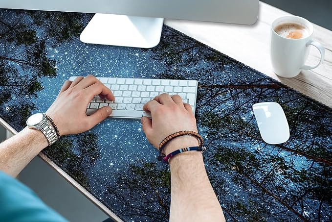 XXL Waterproof Office Desk Pad Protector 35.4x15.7 Inch - Extended Gaming Mouse Pad with Non-Slip Rubber Base, Thickened Keyboard Mat, Stitched Edges & Forest Starry Design