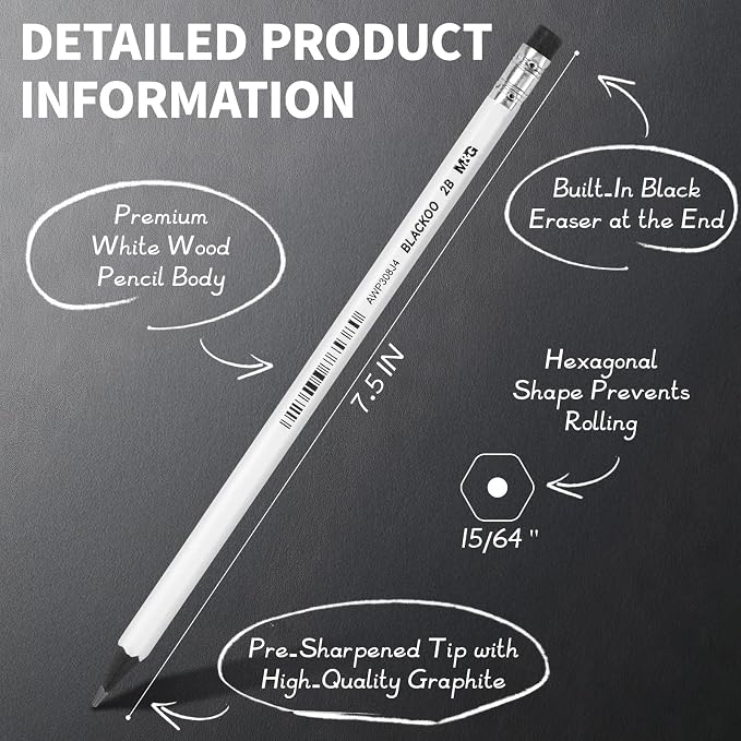 M&G BLACKOO Series 2B Wood-Cased Pencils, 24-Pack Pre-Sharpened with Top Erasers, Bulk Black Pencils for School, Teachers, Writing, Drawing and Sketching (White)