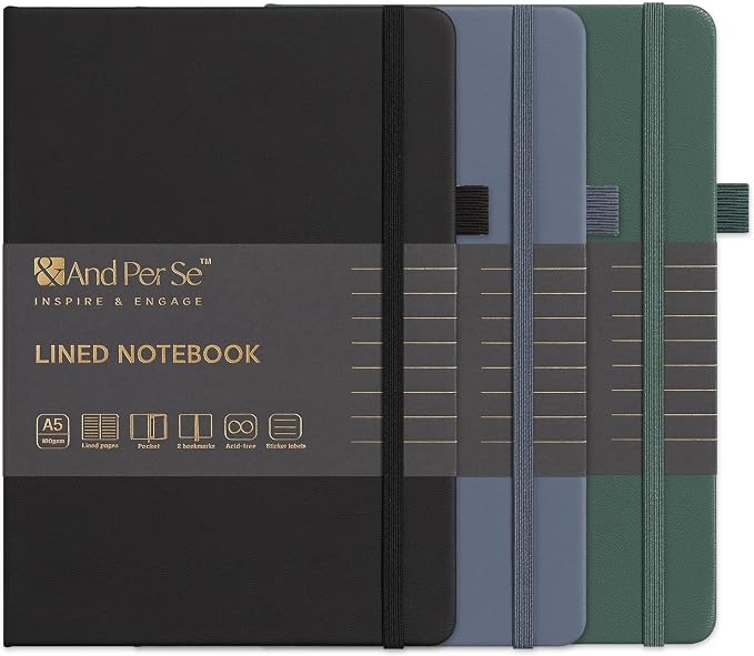 &And Per Se Lined Notebooks 3-Pack Gift Set, A5 Hardcover Journals, 160 Pages 100gsm Thick Paper, 3 Assorted Colors (Black, Blue, Green)