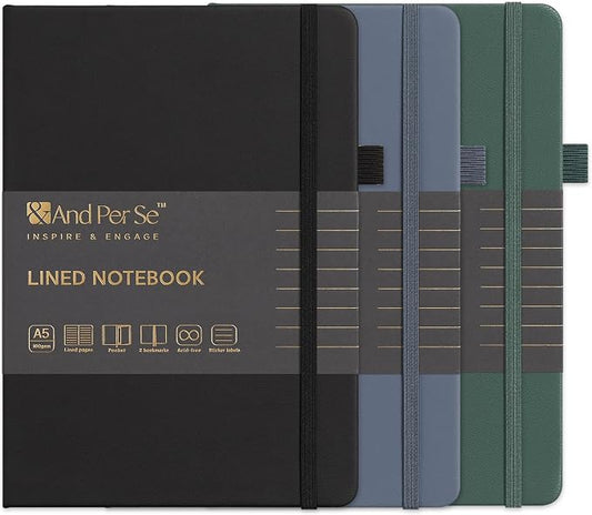 &And Per Se Lined Notebooks 3-Pack Gift Set, A5 Hardcover Journals, 160 Pages 100gsm Thick Paper, 3 Assorted Colors (Black, Blue, Green)