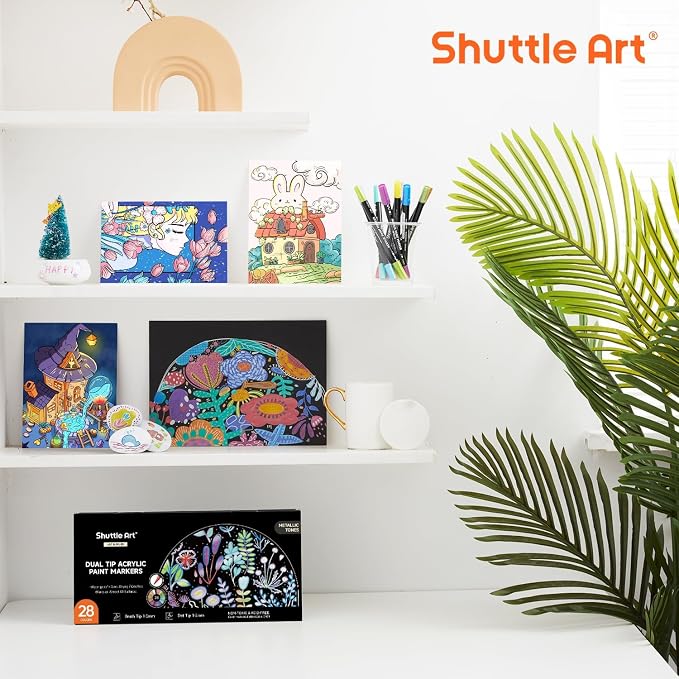 Shuttle Art 28 Metallic Colors Dual Tip Acrylic Paint Markers, Brush Tip and Dot Tip Acrylic Paint Pens for Rock, Ceramic, Wood, Canvas, Plastic, Glass, Stone, Calligraphy, Card, DIY Football Crafts