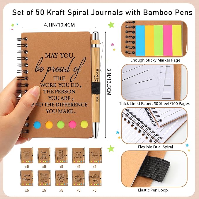 Honoson 50 Set Back to School Teacher Appreciation Gifts Bulk Inspirational Notebook with Sticky Note and Bamboo Pen Set Coworker Thank You Gifts for Employee Team Staff Office Group (Kraft)