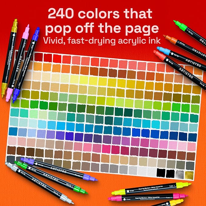 ARTISTRO 240 Precision Dual-Tip Acrylic Paint Markers – Paint Pens Set with Dot & Fine Tips for Fabric, Rock, Glass, Wood, Coloring Books – Arts & Crafts Gift – Classroom Must Haves & School Supplies