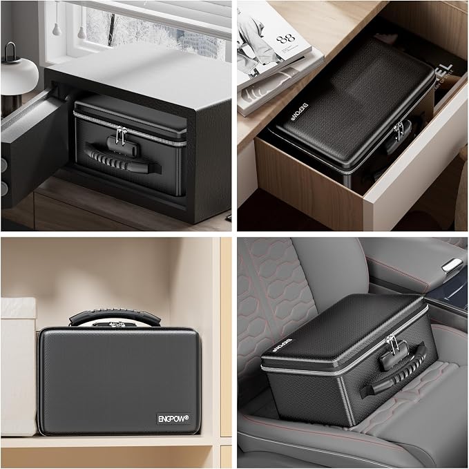 ENGPOW Fireproof Money Box with Lock & Heat-Resistant Fireproof Zipper | 6400°F 12-Layer Fire Protection,Small Hard Case with Multi-Pocket,Portable Home Chest Safe Storage for Money, Jewelry, Black