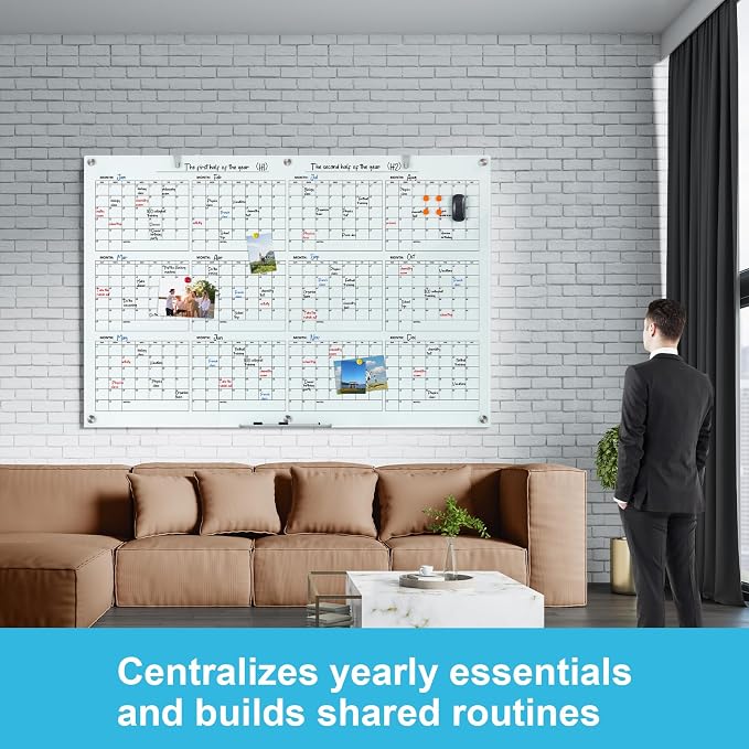 Large Glass Dry Ease Calendar for Wall, 72 x 48 Inches Magnetic Glass Yearly Calendar Whiteboard, 6' x 4' Frameless Planner Board for Office, Home, School