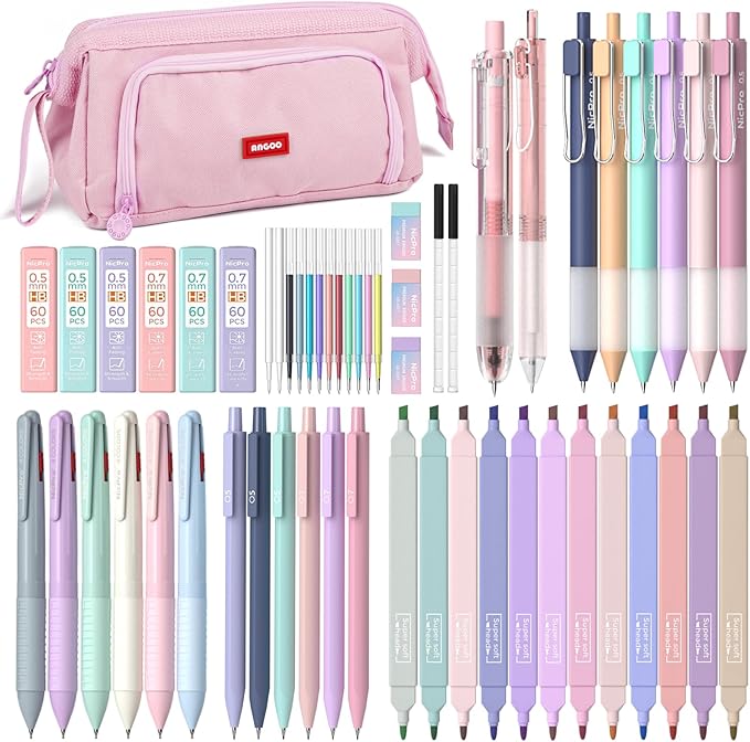 Nicpro School Supplies with Pen Case Pink, 52 PCS Stationery Set for Girls | Large Capacity Pencil Case with 12 Highlighters, 8 Pens, 10 Mechanical Pencil, 6 Multicolor Pen for back to school Essentials