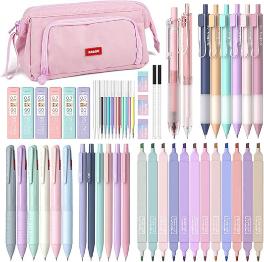 Nicpro School Supplies with Pen Case Pink, 52 PCS Stationery Set for Girls | Large Capacity Pencil Case with 12 Highlighters, 8 Pens, 10 Mechanical Pencil, 6 Multicolor Pen for back to school Essentials