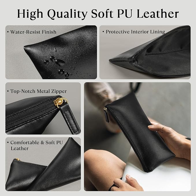 MROCO PU Leather Pencil Case, Small Zipper Pouch, Black | for Pencils, Pens, Markers, Makeup, Coins, Change, Water-resistant PU, Smooth zip, compact for school office travel