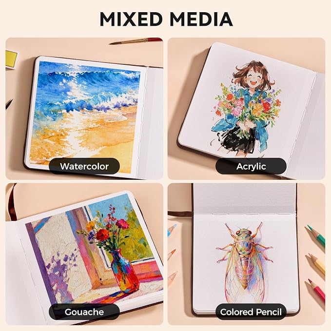 Watercolor Journal - 100% Cotton Cold Press Paper | 20 Sheets 40 Pages | 300GSM (140lb) | Linen Cotton Cover Watercolor Sketch Books for Artists Painting,Mixed Media 5.91 x5.91 in