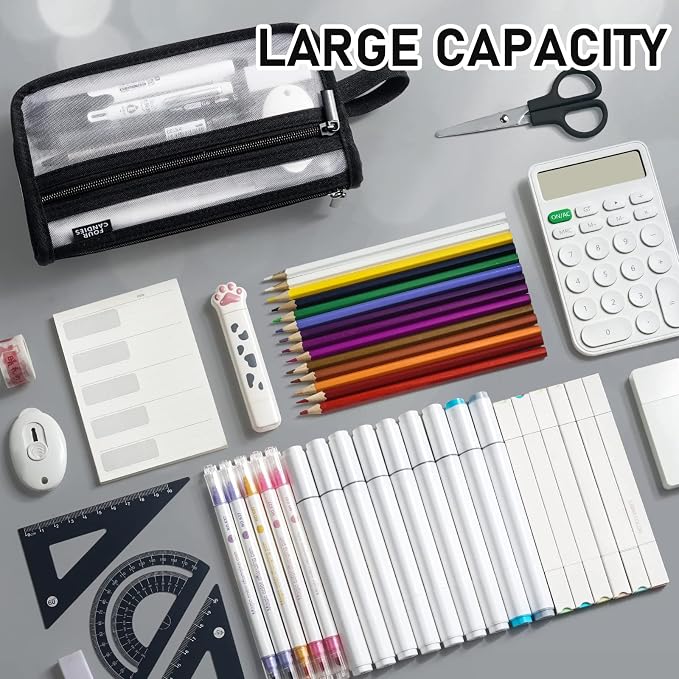 Four Candies Grid Mesh Pencil Case with Handle and Zipper, Clear Double-layer Pencil Pouch Marker Pouch, Travel Makeup Bag, Cute Transparent Stationary Organizer Pen Bag for Adult Office College