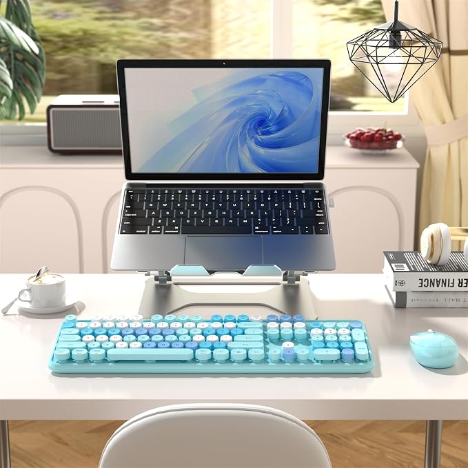 MPTOG Colorful Wireless Computer Keyboard and Mouse Combo (Blue-Colorful) | Retro Round Typewriter Keycaps, Power Switch, Ergonomic Design, 2.4GHz Wireless for Windows, Mac, PC
