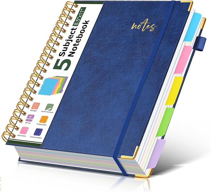 Hardcover Spiral Notebook Journal 8.5" x 11" Leather 5 Subject Notebook with Removable Dividers Tabs, 300 Pages Organizer Notebooks for Work School, College Ruled, Large Lined Journal for Women,Navy