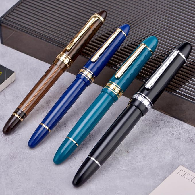 Yongsheng Junlai 930 Acrylic Fountain Pen, Size 9 Fine Nib with Piston Filling System, Piano Black Fence Ink Tank with Torpedo Shape Design Large Hand Pen (Silver Trim)