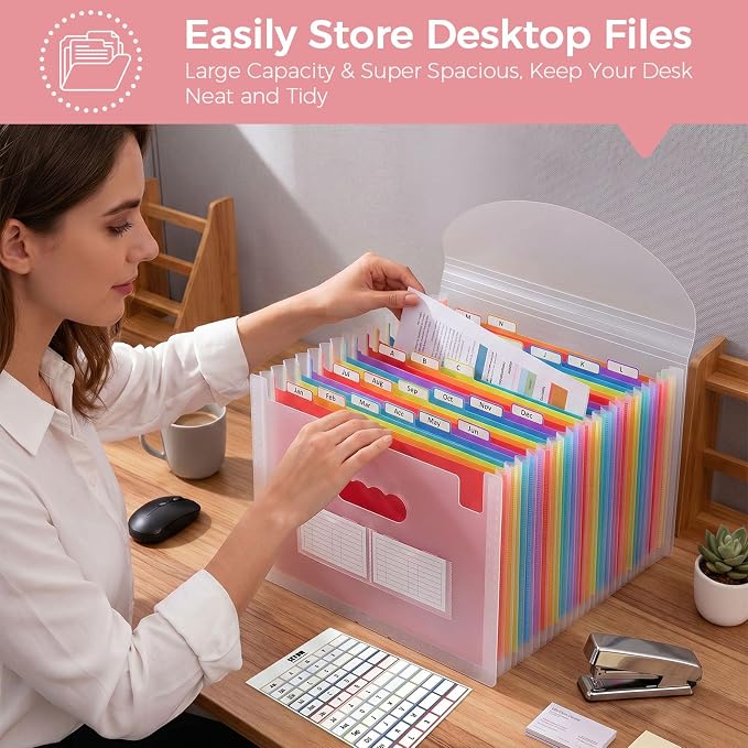 SKYDUE Accordion File Organizer with 26 Pockets & Label Stickers, Expanding File Folders Fit for A4 & Letter Size Paper, Multi-Functional Document Organizer for Home & Office File Management