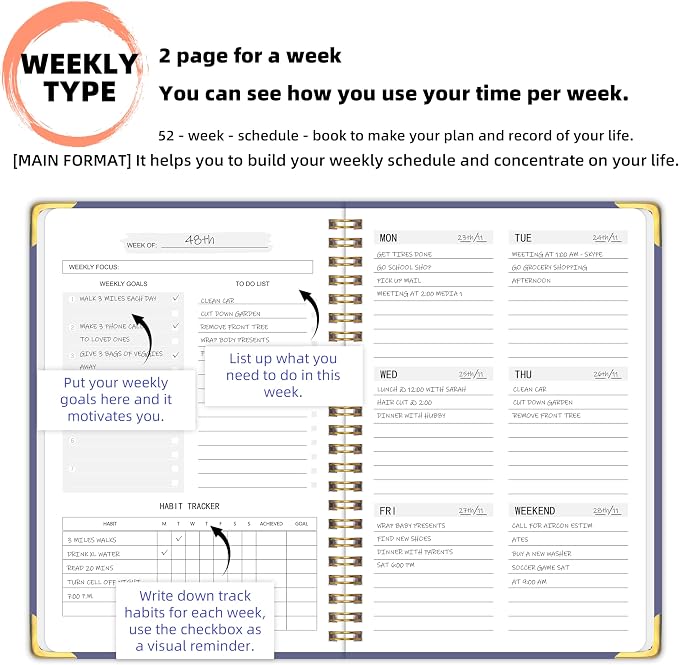 Undated Weekly Planner with To-Do List & Habit Tracker, 6" x 8" | 52-Week, 2-Page Weekly Spreads, No-Bleed Paper, Smooth Writing, Inner Pocket, Metal Corner Protector, Elastic Closure