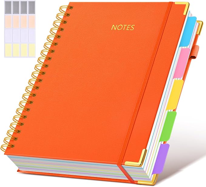 Hardcover Spiral Notebook 8.5"x11" Journal with Removable Dividers Tabs, 300 Pages Leather 5 Subject Notebook College Ruled, Large Notebooks for Work School, Lined Journal for Women, A4 Orange