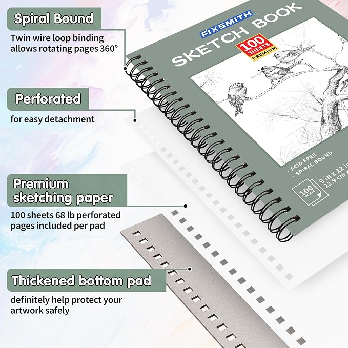 FIXSMITH 9"X12" Green Sketch Book, 400 Sheets (68 lb/100gsm) Spiral Sketchbook, Acid Free Drawing Paper, Sketch Pad for Beginners,Artists & Professionals, Bright White