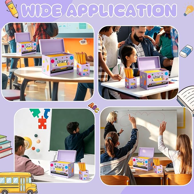 Mifoci Wooden Pencil Dispenser Kit for Classroom Wooden Pen Holder Straw Dispenser Sharp and Dull Letter Stickers for Teachers Classroom Supplies Storage(Light Purple)