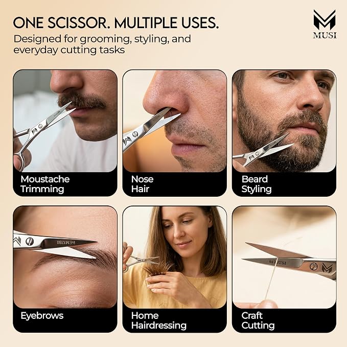 MUSI 4 Inch Eyebrow Scissors - Muti-purpose Small Scissors for Mustache, Beard, Nose Hair, Nail, Ear & Eyelash Trimming - Professional Stainless Steel Mini Grooming Scissors for Men Women with Comb