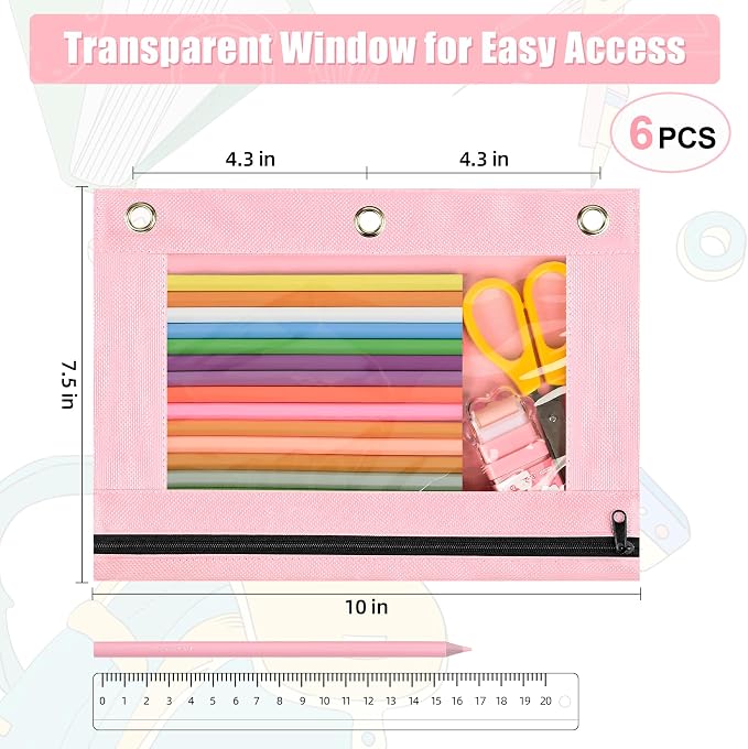 Lanpn Pencil Pouch for 3 Ring Binder 6 Pack, Pink Binder Pen Bags with Zipper, Cute 3 Holes Pencil Pouches Organizer for Boy Girl Kids School Student, Reinforced Grommets & Clear Window
