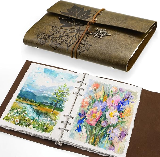 Vintage Watercolor Sketchbook, 140 Lb Cold Press Deckle Edge, 6.3 x 9 in | 24 Sheets, Brown Leather Cover, Ring Bound, Good Water Absorption, for Painting Drawing Mixed Media