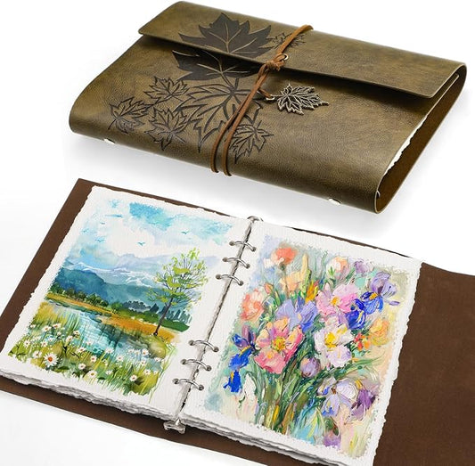 Vintage Watercolor Sketchbook, 140 Lb Cold Press Deckle Edge, 6.3 x 9 in | 24 Sheets, Brown Leather Cover, Ring Bound, Good Water Absorption, for Painting Drawing Mixed Media