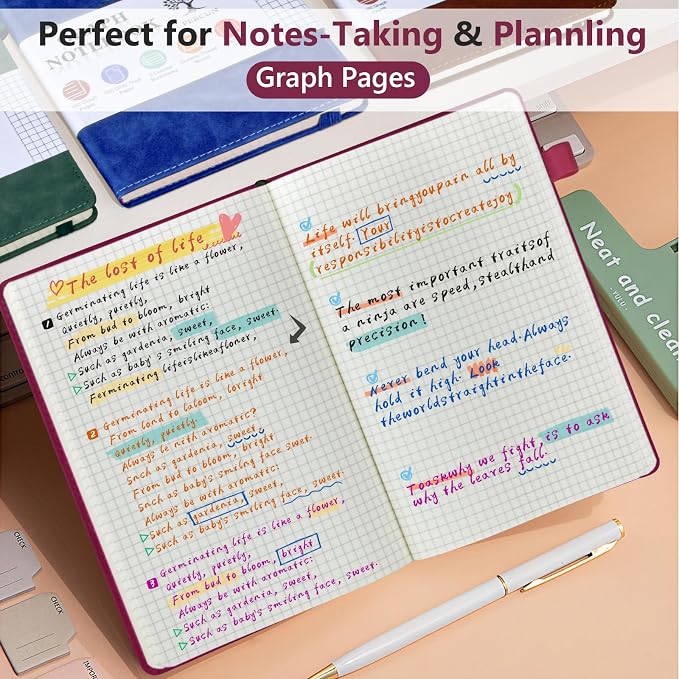 PERCUN A5 Graph Paper Notebook, Leather Journal, 160 Pages Grid Notebook | 5.9"x8.5" hardcover journal with quad ruled paper for work, school, writing, notes, journaling and daily planning.