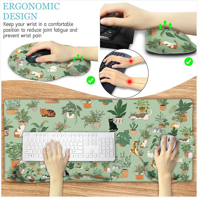 LIMKRIAN Cat Ergonomic Mouse Pad XXL Desk Mat Set, Green Desk Accessories | Mouse Pad with Gel Wrist Rest, Large Gaming Mousepad, Wrist Support Keyboard Mat , Coaster, Cute Office Desk Decor Women
