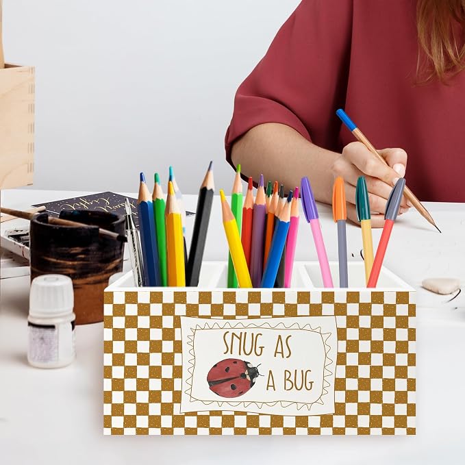 Ladybug Decor Pen Pencil Holder Organizer for Desk, Snug as a Bug Insect Orange Checkered Wooden Box Signs Decorations for Kids Boys Girls Room Bedroom Classroom Desk Tabletop, Ladybug Gifts