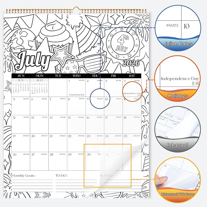 Ospelelf 2026 Wall Calendar Large 17'' x 22'' Coloring Calendar for Family, Monthly Doodle Calendar Planner with Plastic Cover for Kids, Use Jan 2026 - June 2027, Season