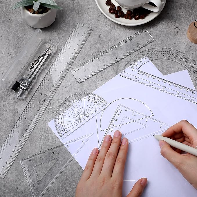Zonon 7‑Piece Geometry Set with Drawing Compass, 6 & 4 Inch Protractors, Triangle Rulers and Straight Rulers, Transparent Math Drafting Supplies for Back to School, Students and Office Use(Clear)