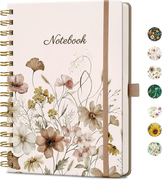 AHGXG Spiral Journal Notebook, 160 Lined Pages, A5 Size (5.7'' x 8.3'') | for Women, Journaling, Writing, Work & Office, Hardcover, 100 GSM Thick Paper (Soft Neutral Floral)