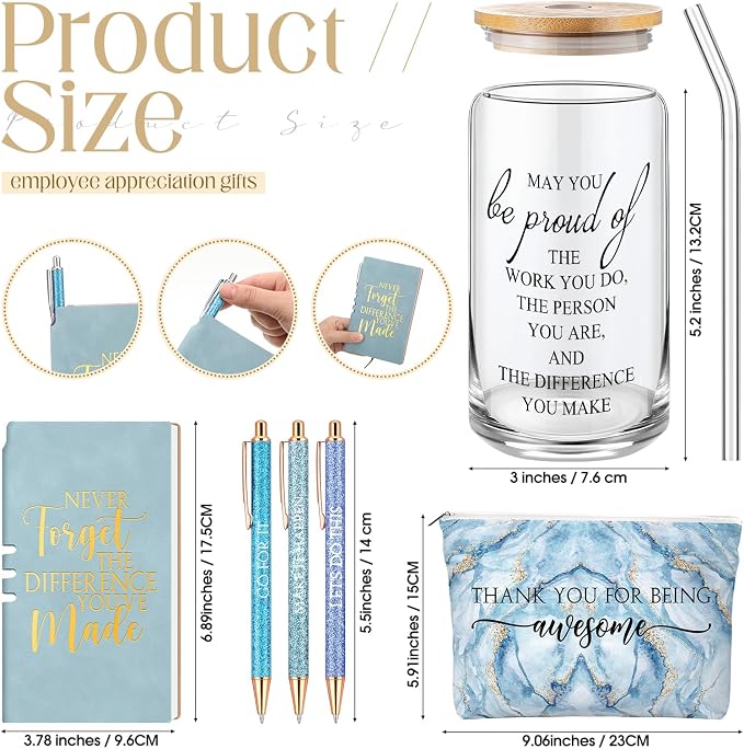 Funnymoom 6 Pcs Appreciation Gifts Set for Women Back to School Teacher Gifts Employee Thank You Gift with 17 oz Glass Tumbler Journal Pens and Pouch for Coworkers Educators,Marble,Blue