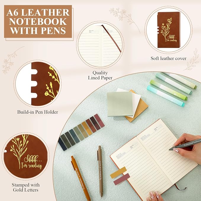 Havawish 14 Pcs Book Lovers Gift for Women 16 oz Glass Cup Tote Bag A6 Journal Notebook Pens Highlighters Sticky Notes Back to School Teacher Librarian Bookish Book Club(Brown,Aesthetic)