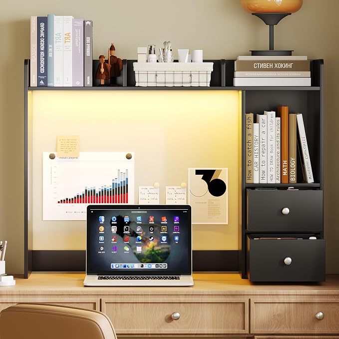 ChooChoo Desktop Bookshelf with LED Lights, 36.6" Dorm Desk Hutch with 4 Shelves and 2 Drawers, Fits 27" Monitor, Desk Organizer Shelf for Dorm Office Home, Black